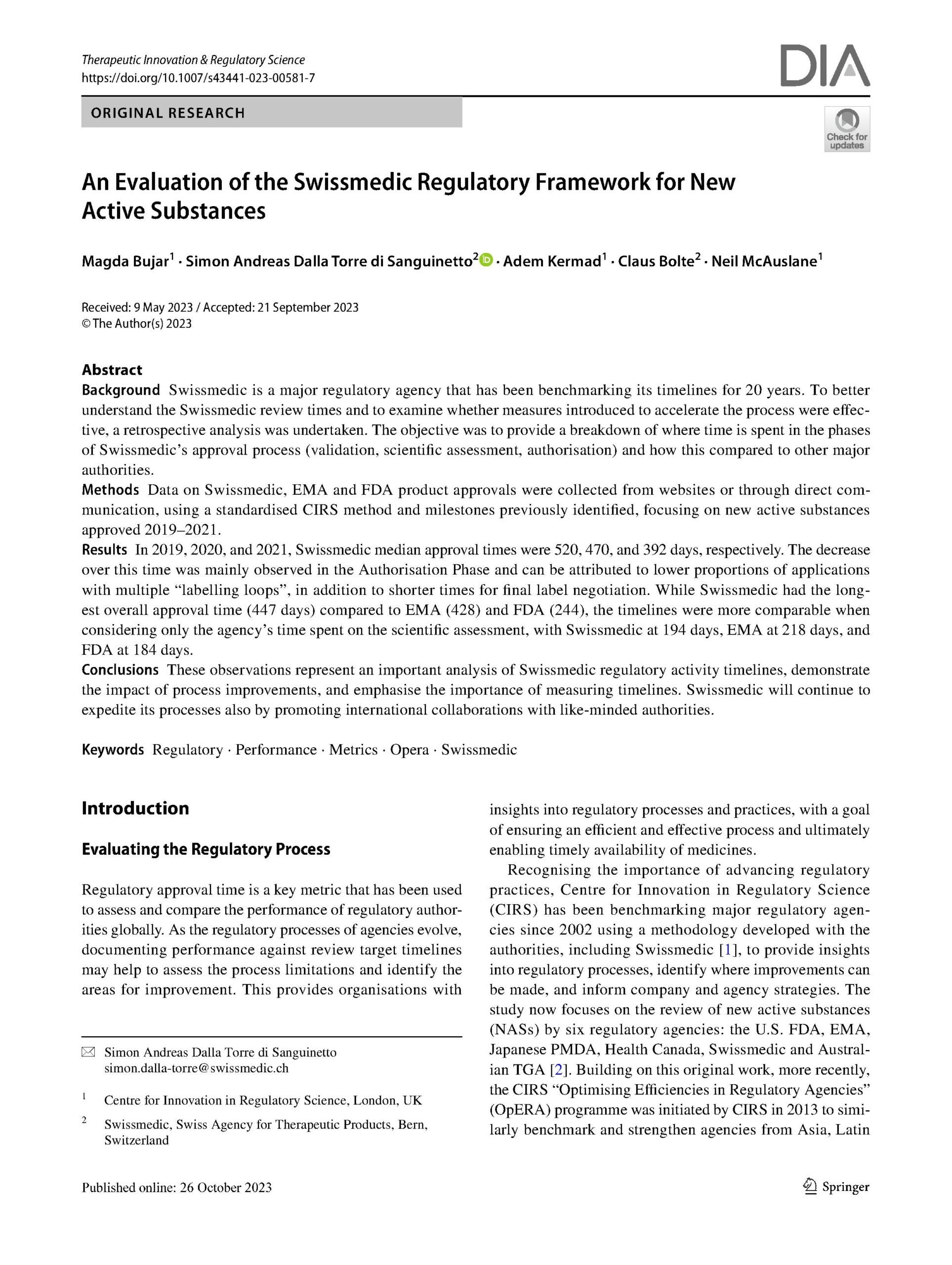 Evaluation of the Swissmedic regulatory framework for new active